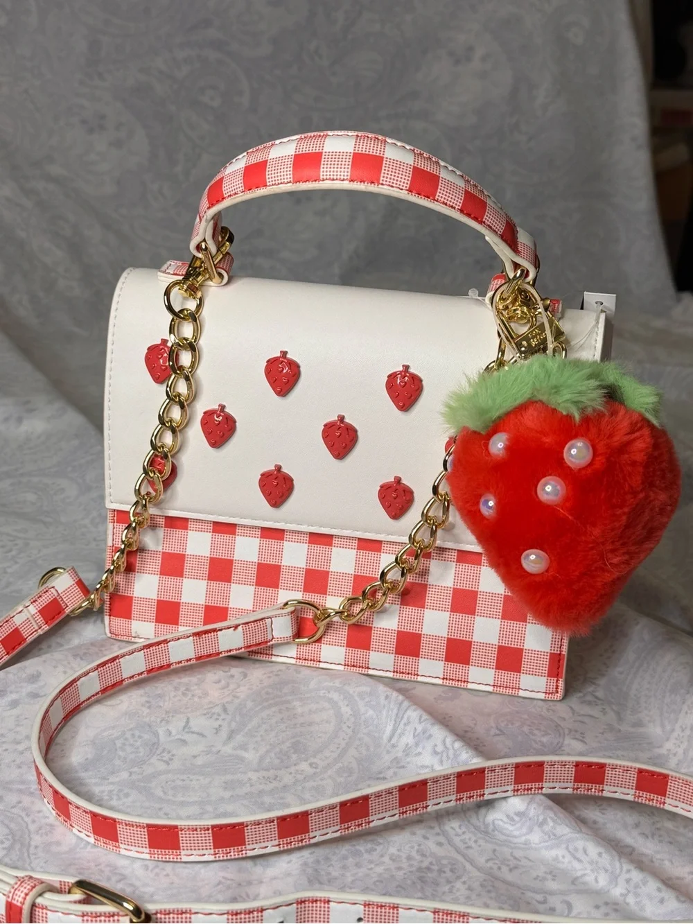 Betsey Johnson White/Red Gingham Strawberry -Handle w/ Removable Crossbody Strap